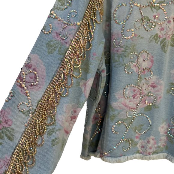 (H-216) Embellished Rose Print Denim Jean Jacket Size L - Picture 6 of 14